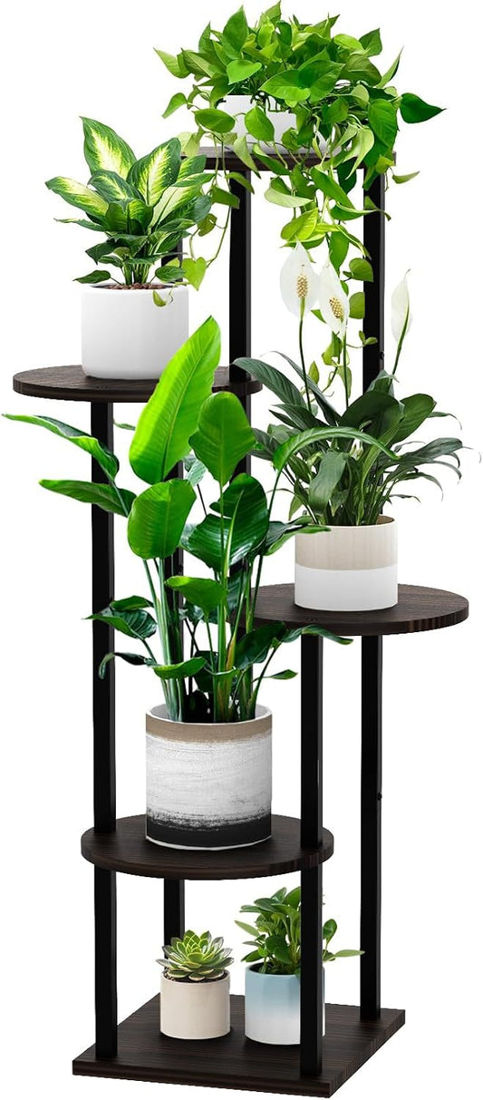 4 Tier Wood Tall Plant Stand Metal Rack Indoor, Multiple Flower Pot Holder Shelves Corner Rack, Round Planter Shelf Display Rack Storage Organizer