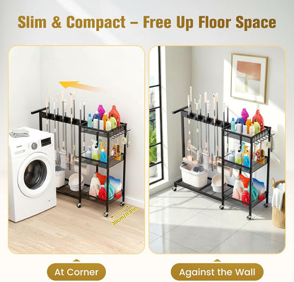 Broom Holder with Cleaning Supplies Organizer, Cleaning Utility Cart on Wheels