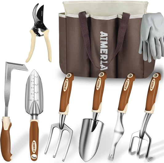 Gardening Tools Set of 9 Heavy Duty Garden Tools with Non-Slip Rubber Grip