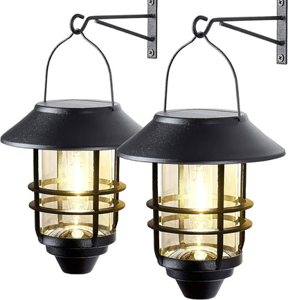 2 Pack Solar Lanterns Outdoor, Hanging Solar Lights for Outside Glass Metal