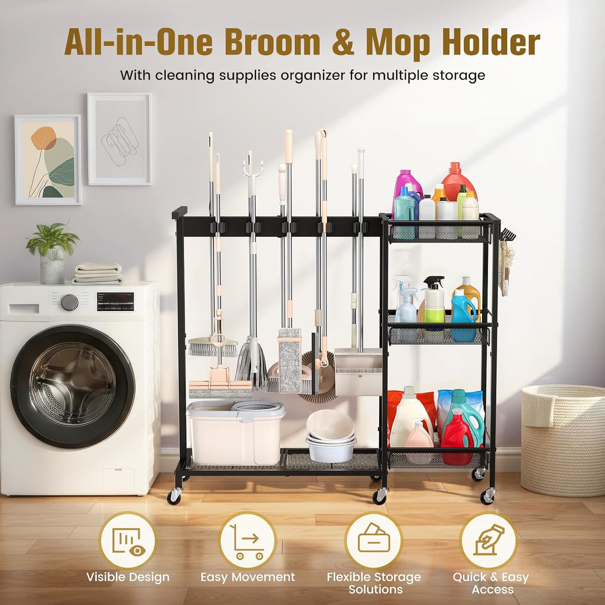 Broom Holder with Cleaning Supplies Organizer, Cleaning Utility Cart on Wheels