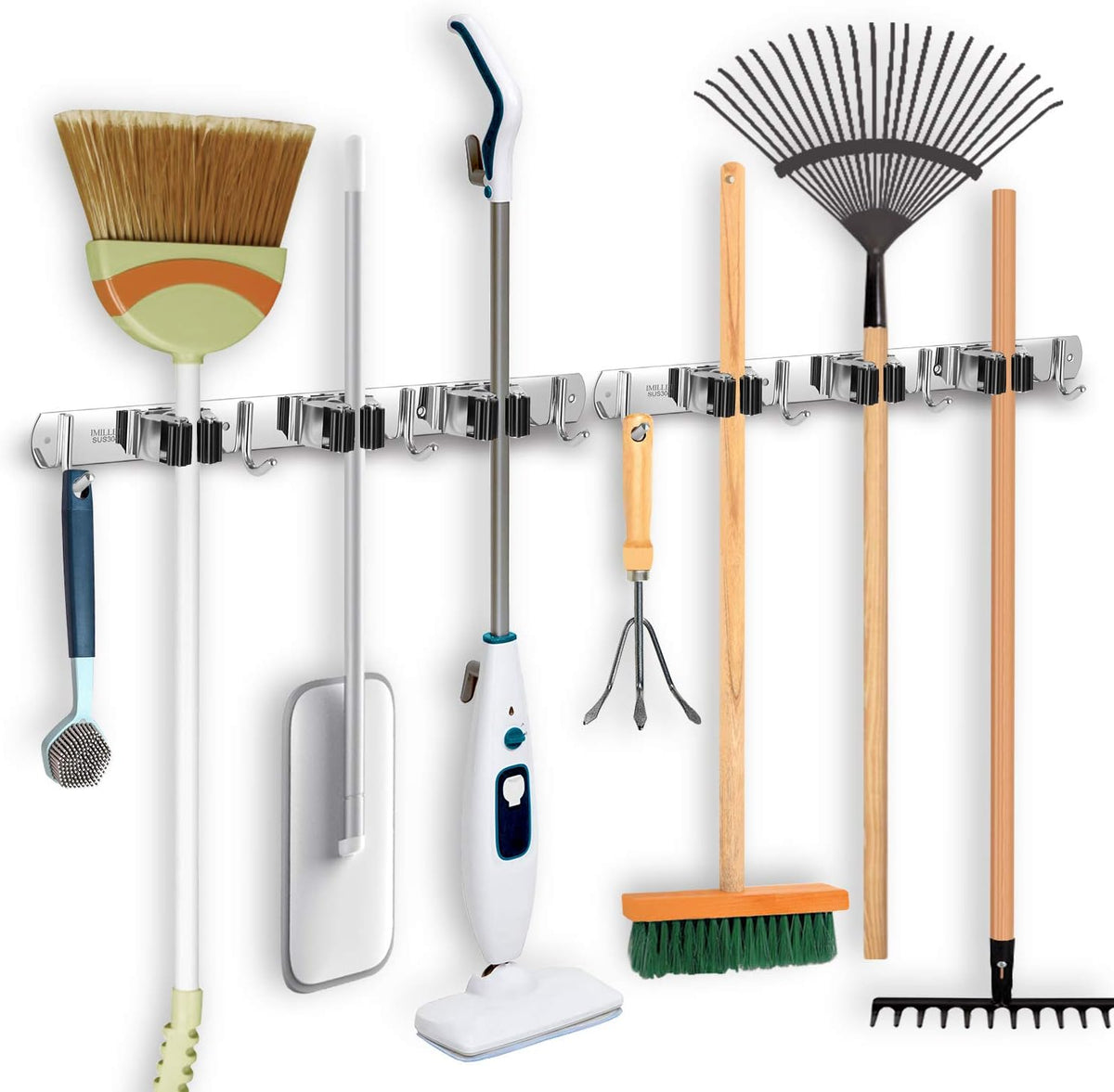 2 Pack Wall Mount Broom Holder Stainless Steel 5 Racks