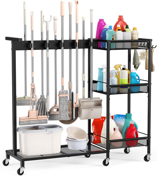 Broom Holder with Cleaning Supplies Organizer, Cleaning Utility Cart on Wheels