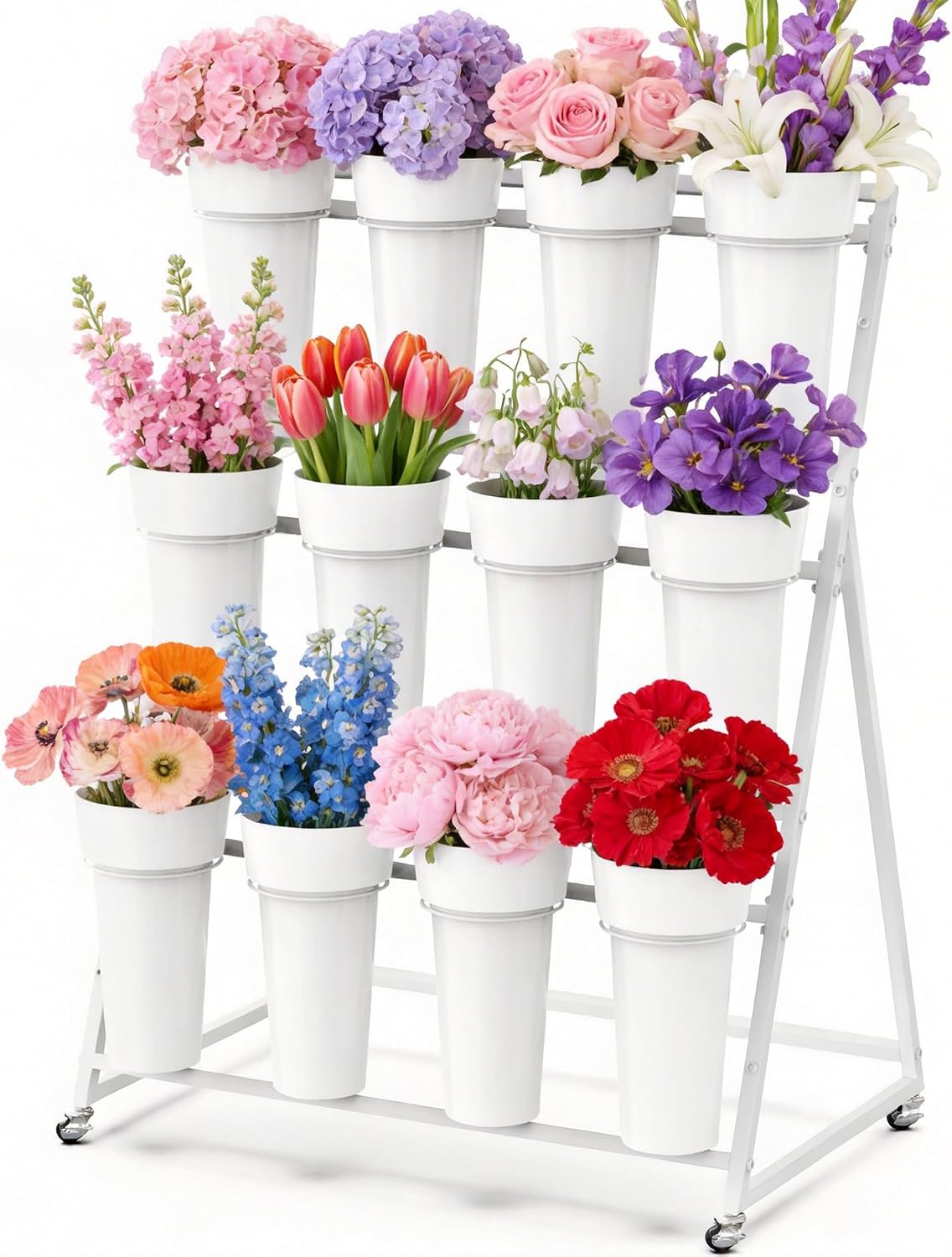 Flower Display Stand with 12 Buckets, Metal Flower Cart