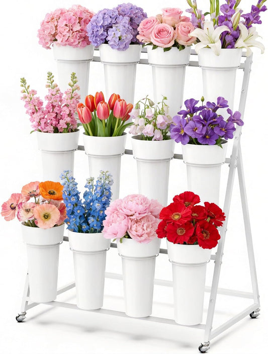 Flower Display Stand with 12 Buckets, Metal Flower Cart