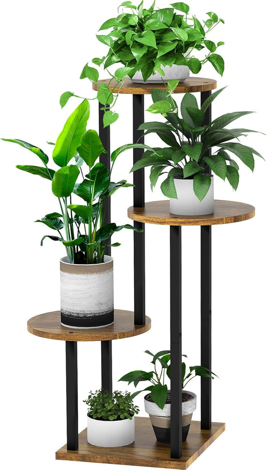 4 Tier Wood Tall Plant Stand Metal Rack Indoor, Multiple Flower Pot Holder Shelves Corner Rack, Round Planter Shelf Display Rack Storage Organizer