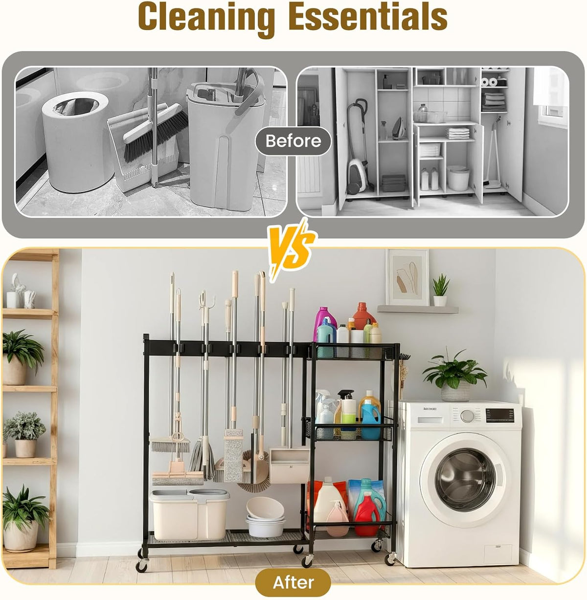 Broom Holder with Cleaning Supplies Organizer, Cleaning Utility Cart on Wheels