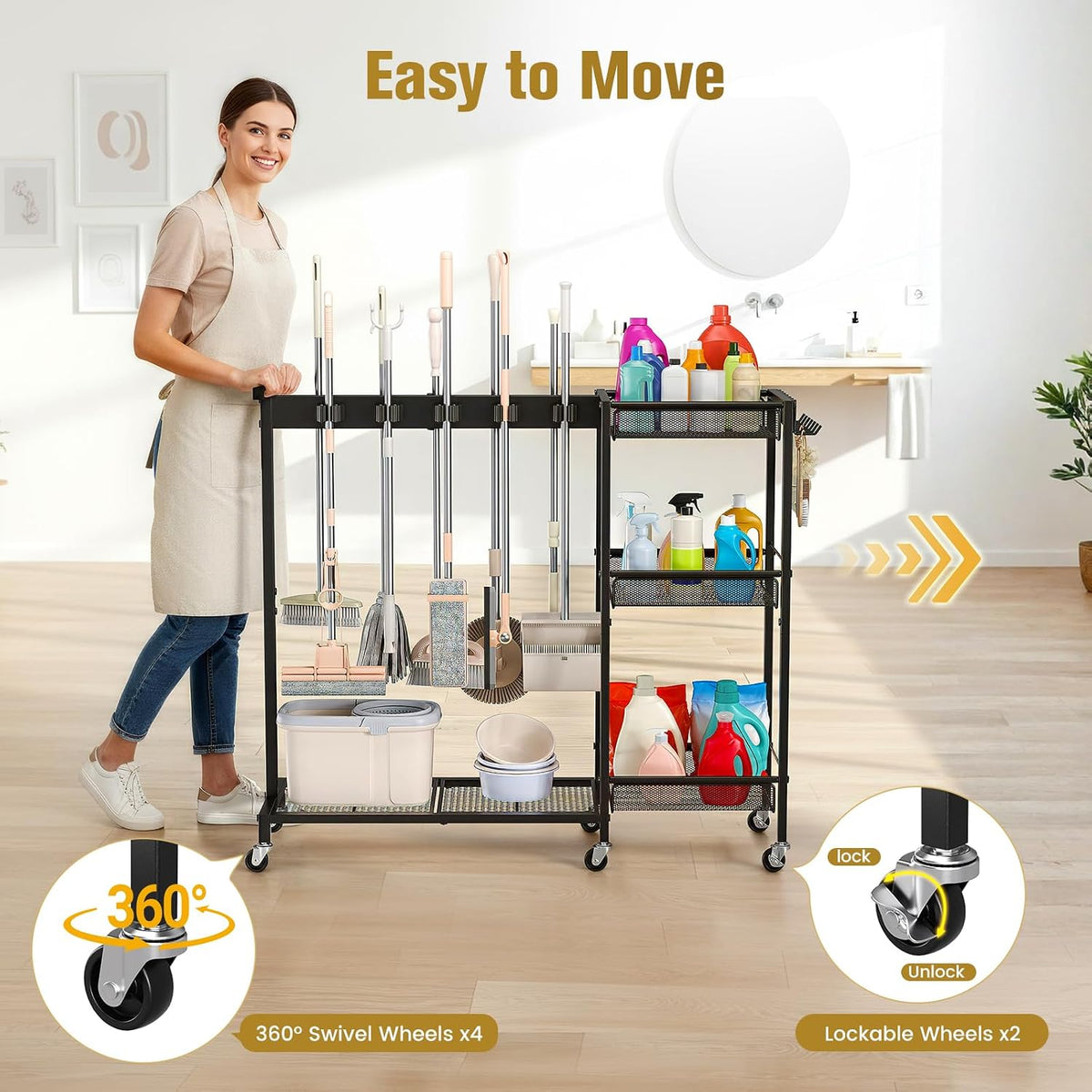 Broom Holder with Cleaning Supplies Organizer, Cleaning Utility Cart on Wheels
