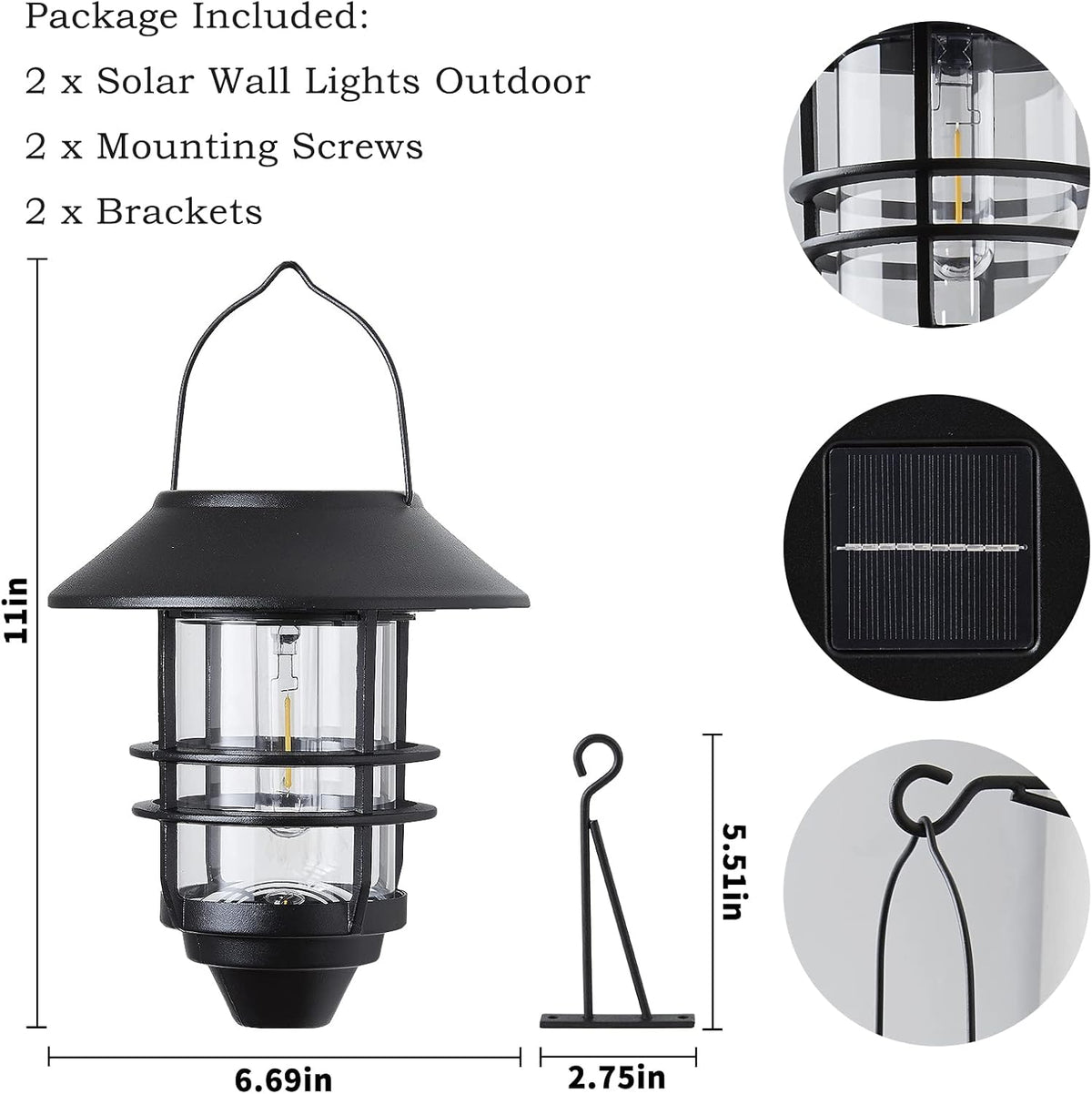 2 Pack Solar Lanterns Outdoor, Hanging Solar Lights for Outside Glass Metal