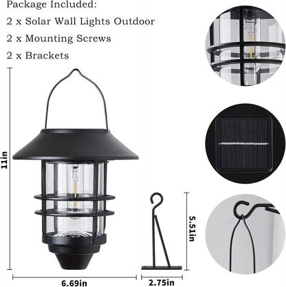 2 Pack Solar Lanterns Outdoor, Hanging Solar Lights for Outside Glass Metal