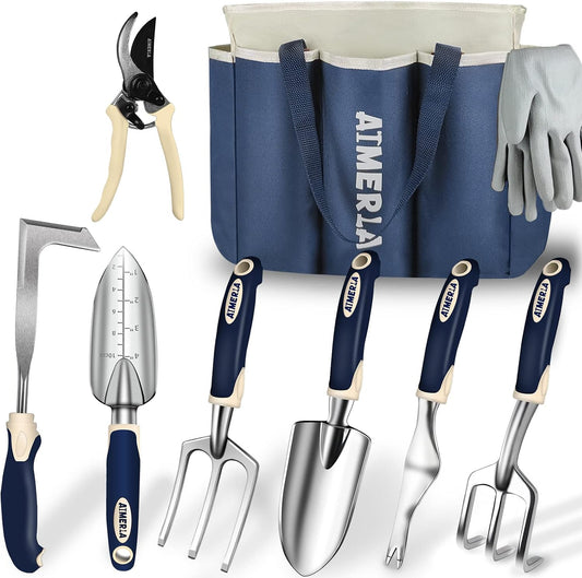 Gardening Tools Set of 9 Heavy Duty Garden Tools with Non-Slip Rubber Grip