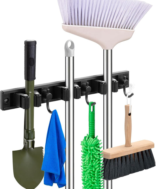 Mop holder, broom holder, stainless steel wall hanging tool storage device
