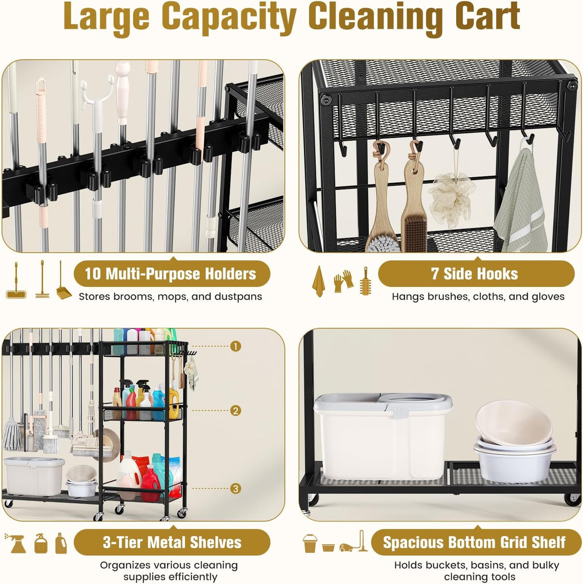 Broom Holder with Cleaning Supplies Organizer, Cleaning Utility Cart on Wheels