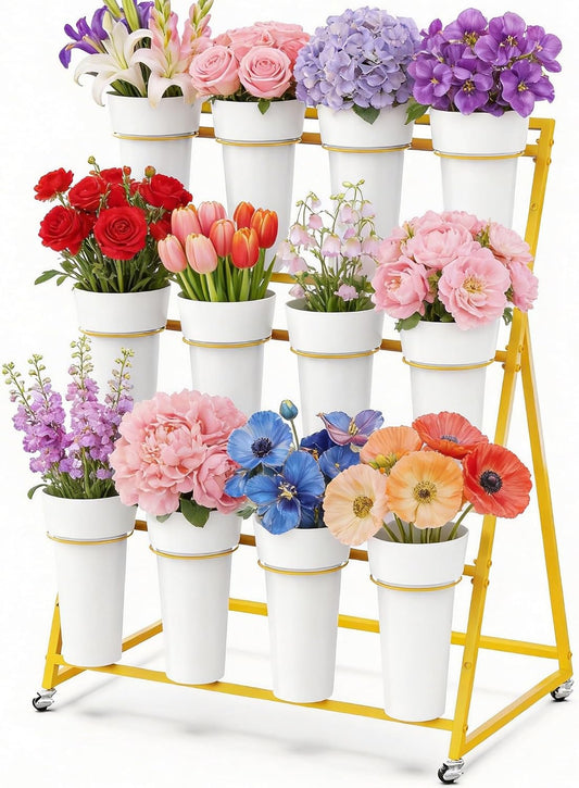 Flower Display Stand with 12 Buckets, Metal Flower Cart
